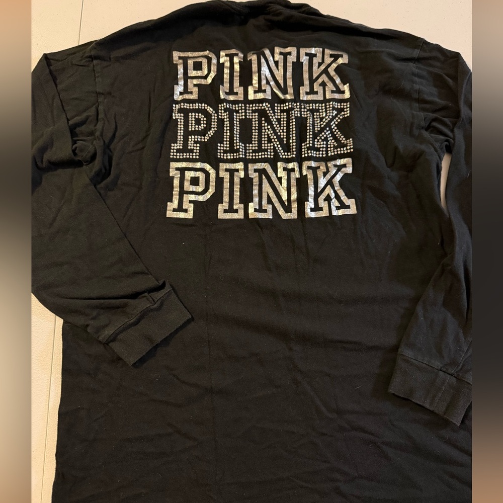 Victoria Secret PINK Oversized Black Rhinestone Bling Campus L/S Tee Small
